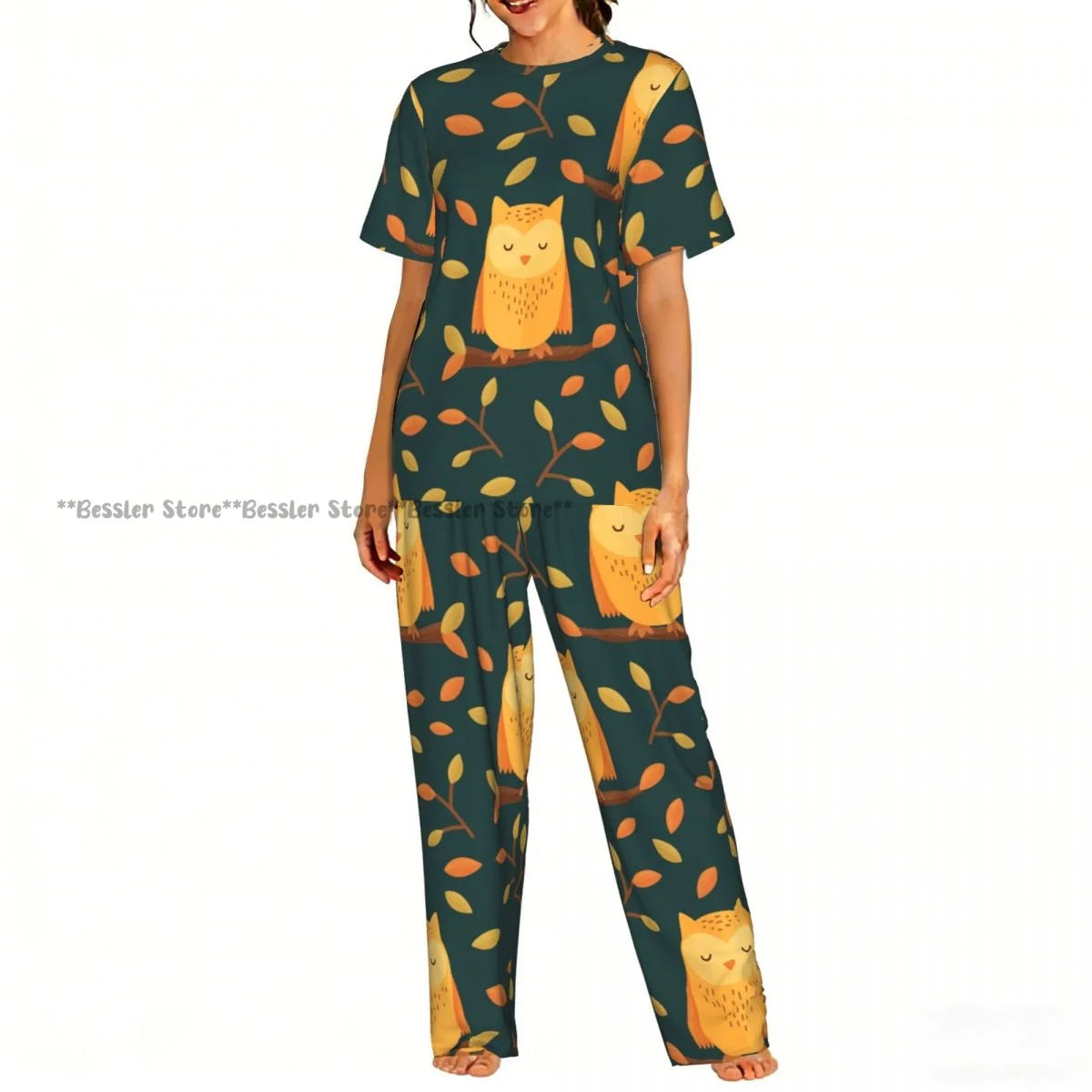 Women's 2-piece set Halloween Owls Bats Pattern Pajamas Short sleeved Top and Pants Sleepwear
