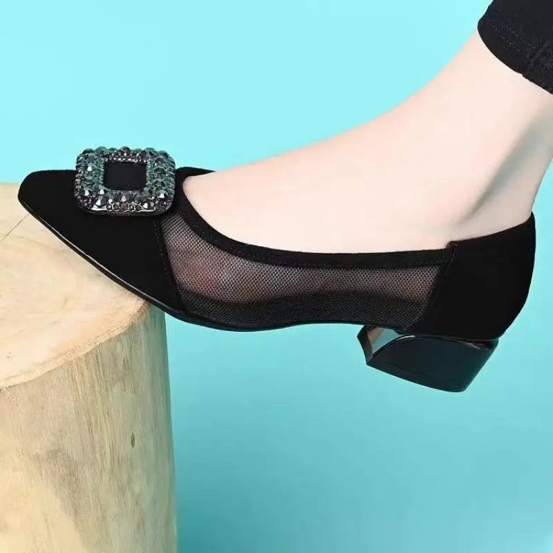 Elegant Pointed Toe Mesh Block Heel Pumps, Rhinestone Square Buckle Decorated Shallow Shoes,  Breathable Office Shoes for Women