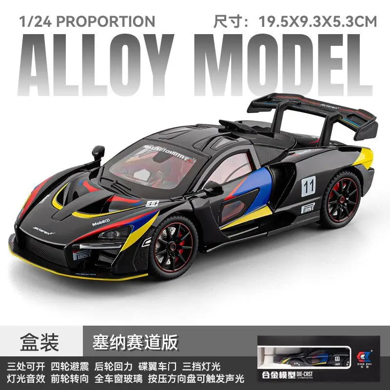 1:24 McLaren GTR Diecast Alloy Supercar Model 3 openable Parts Sound Light Pull Back for Car Collectors Hobby Display