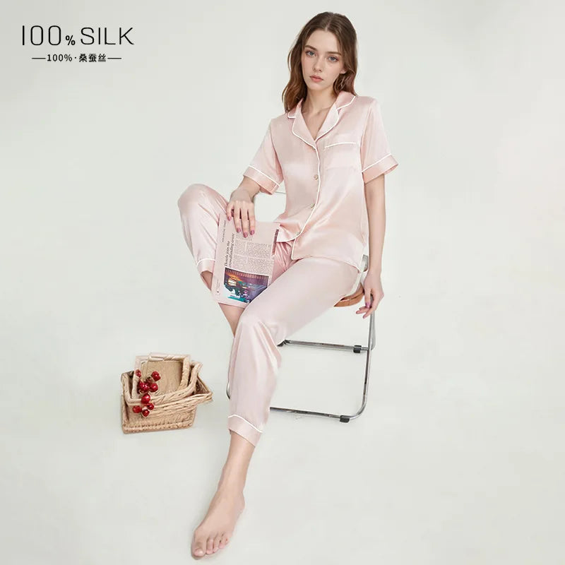 Spring Summer 19 Momme 100% Mulberry Silk Pajama Set Women Short Sleeve Long Pants Luxury Skin-friendly Antibacterial Loungewear