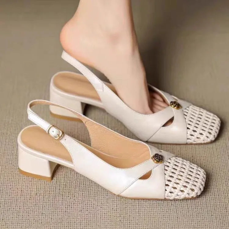 Women's French-style closed-toe sandals, chunky heel, versatile woven shoes, 2026 summer hollow breathable flats