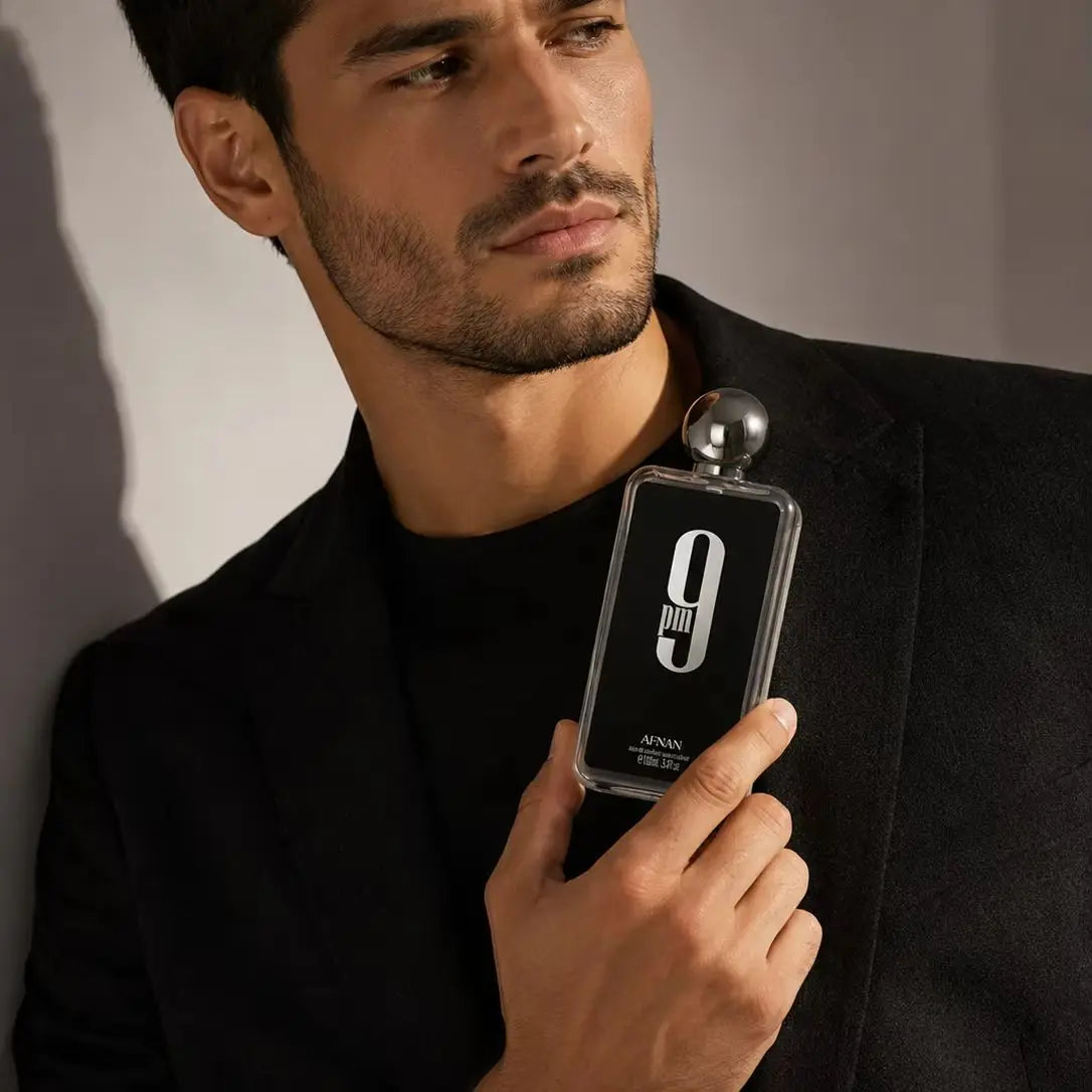 Afnan 9 PM Men Eau De Parfum Transparent Square Bottle Silver Round Cap Luxury Arabian Woody Scent Long Lasting Fragrance 100ml Mens Cologne Perfume Gift Set For Male