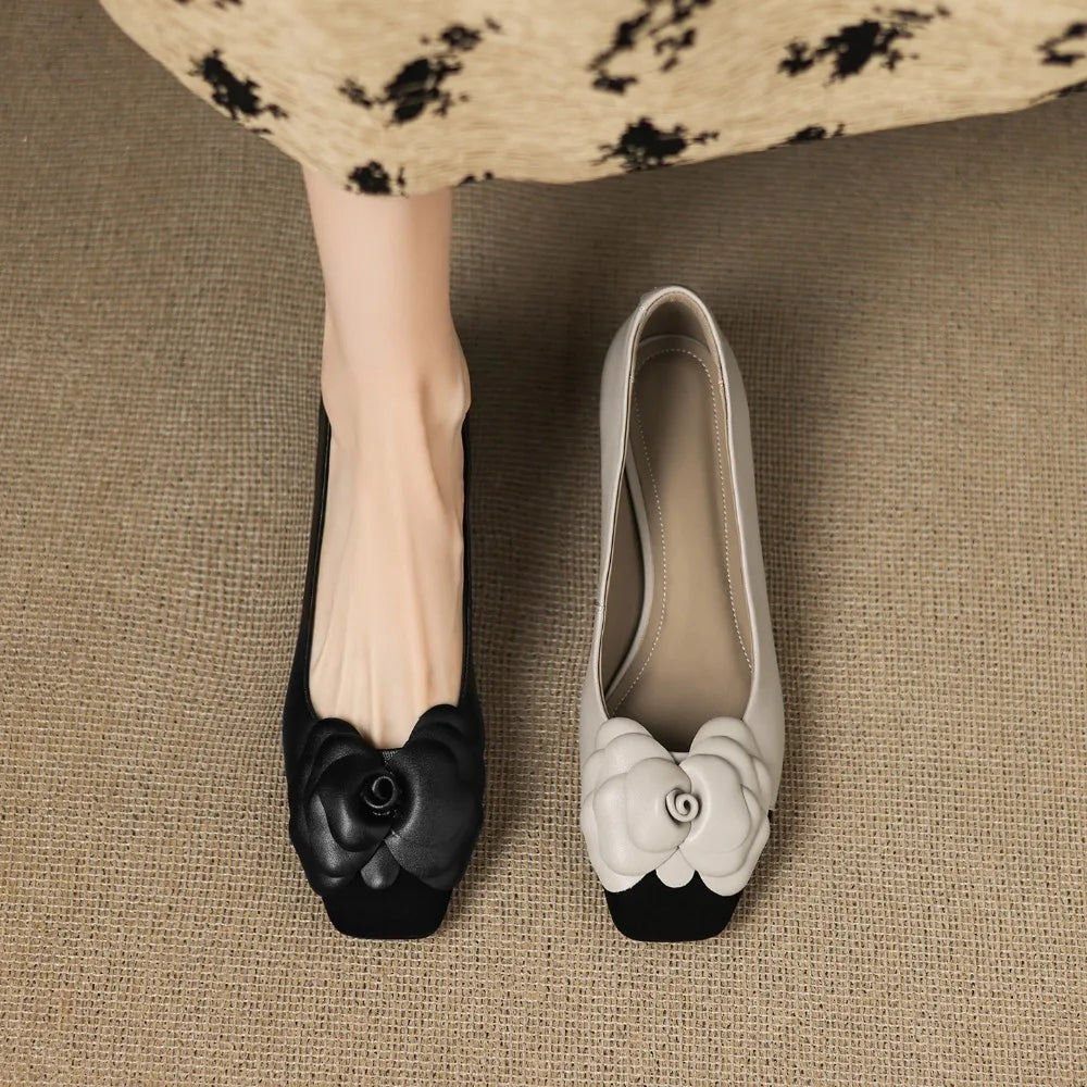 Fashion Flower Single Shoes Autumn New Square Toe Shallow Mouth Slip-on Non-Slip Low-Top Shoes