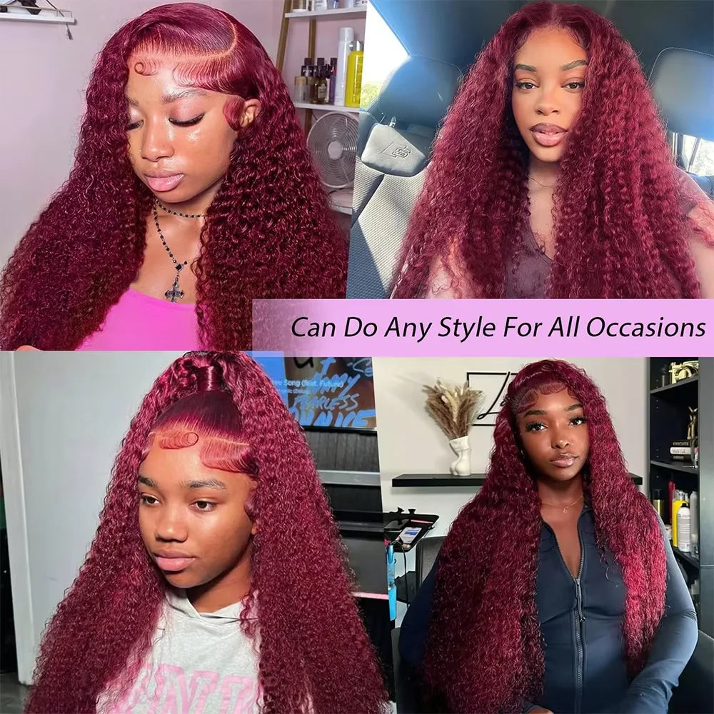 99J Burgundy Red Bone Straight Human Hair Wig 13x6 13x4 HD Transparent Lace Front Wig 200% Density 30 40 Inches Brazilian Cuticle Aligned Remy Hair Pre Plucked Baby Hair Glueless Wig Natural Hairline Soft Silky Long Wigs for Women Daily Party Wear