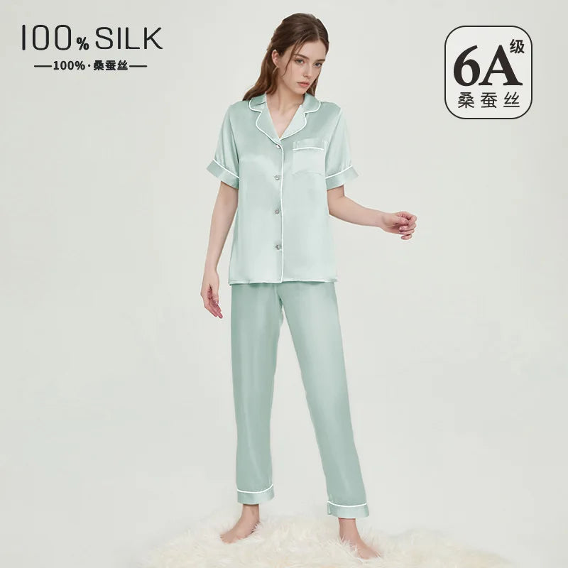Spring Summer 19 Momme 100% Mulberry Silk Pajama Set Women Short Sleeve Long Pants Luxury Skin-friendly Antibacterial Loungewear