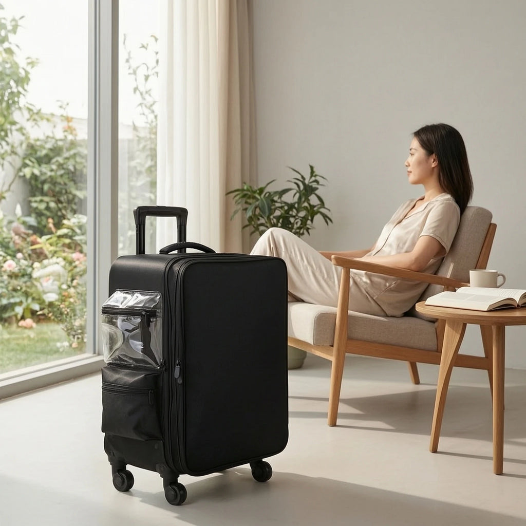 Makeup Case with Rotating Wheels Hard-Sided Sminkkoffert Med Hjul Sminkväska På Hjul Multi-Compartment Cosmetic Trolley Zippered