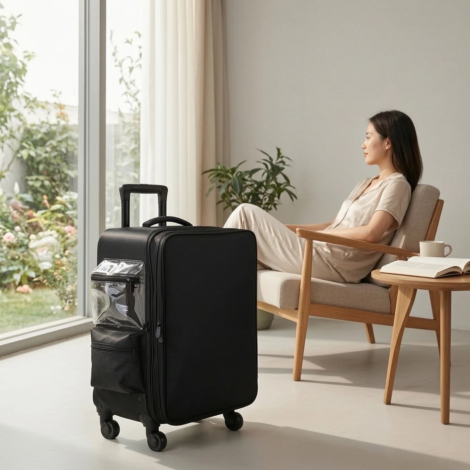 Makeup Case with Rotating Wheels Hard-Sided Sminkkoffert Med Hjul Sminkväska På Hjul Multi-Compartment Cosmetic Trolley Zippered