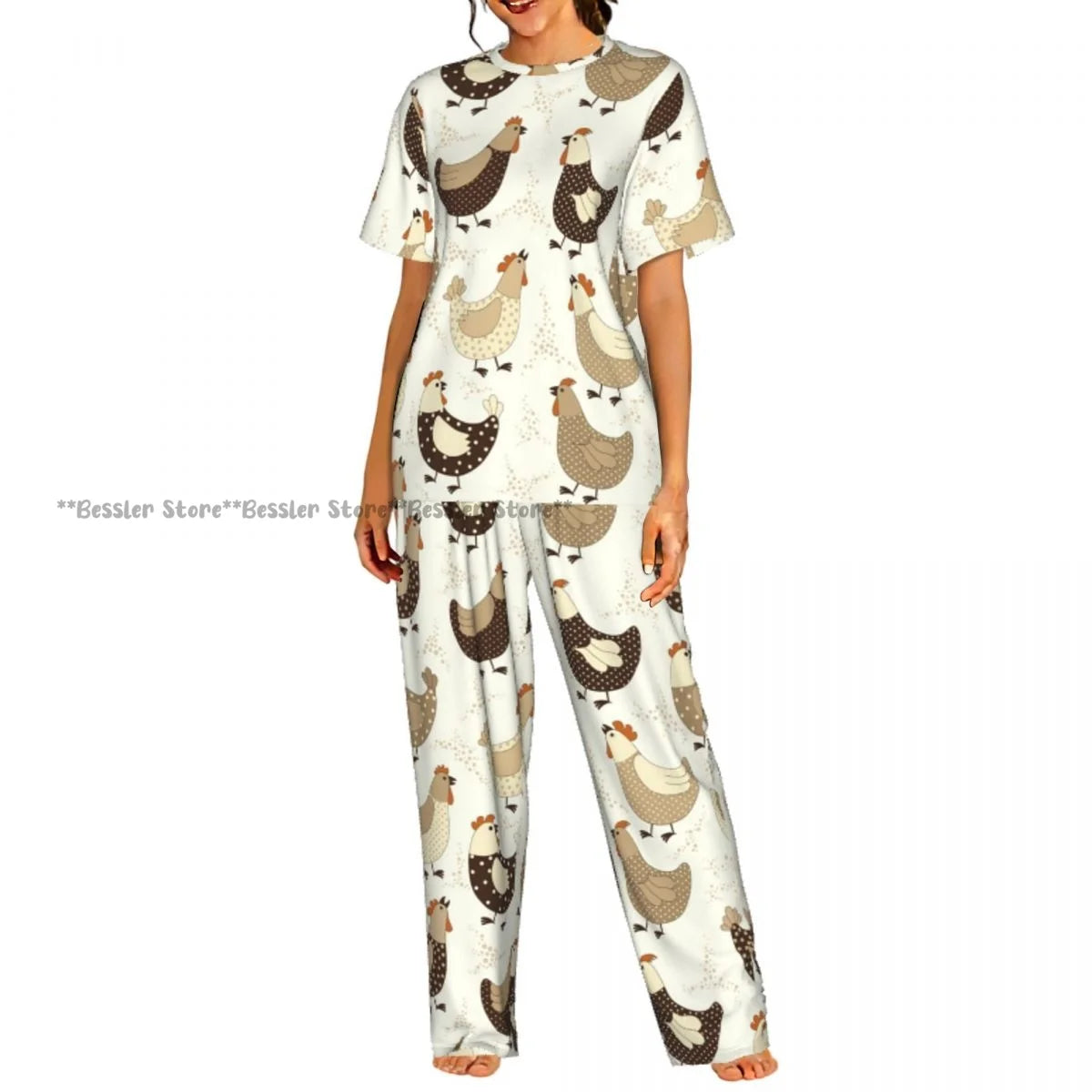 Women Pajama Sets Lounge Sleepwear Crispy Fried Chicken Pattern Short Sleeve Nightwear