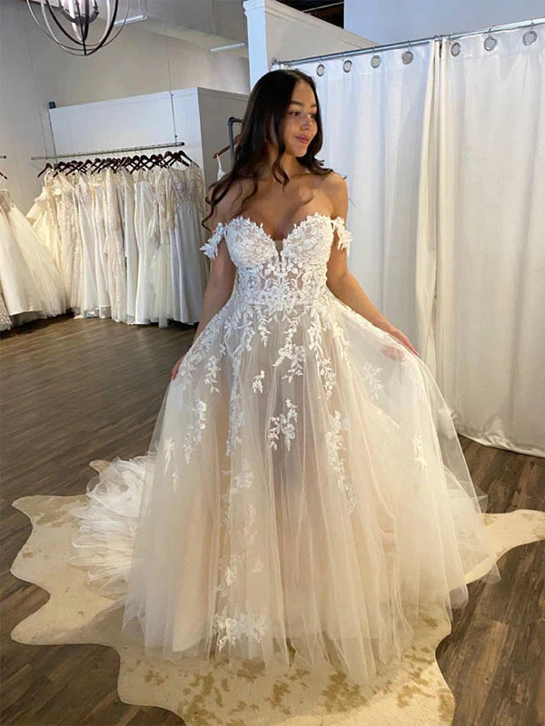 SSYTENS Boho Lace Elegant Wedding Dresses Off Shoulder Applique Bride Gowns Princess Spaghetti Strap Bridal Gown PartyCustomized