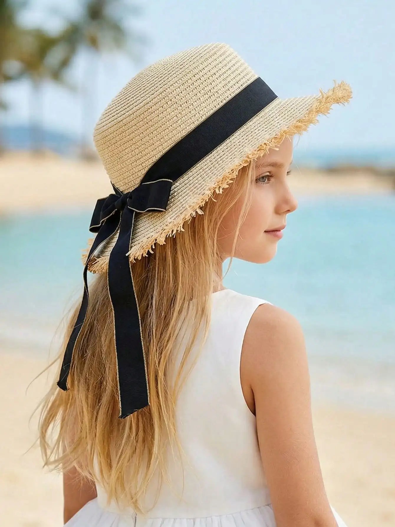 1Pc 3-8Y Girls Coffee Broken Brim Straw Hat Flat Top With Black Ribbon Lightweight Breathable Summer Sun Hat