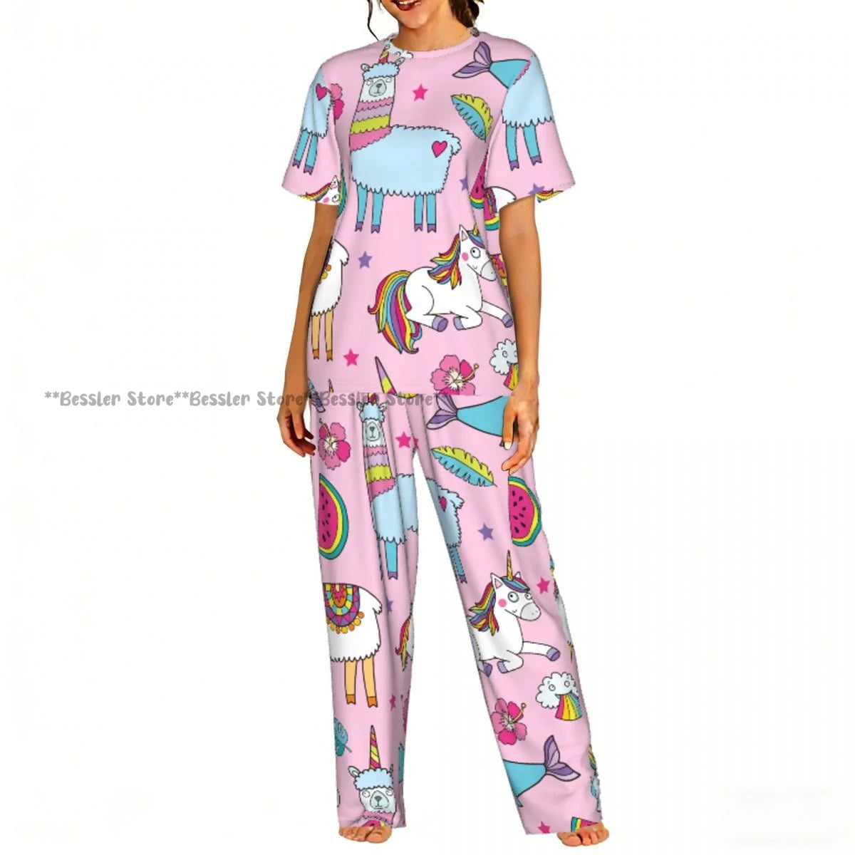 Women Pajama Sets Lounge Sleepwear Fun Llamas Cacti Mountains Garlands Short Sleeve Nightwear