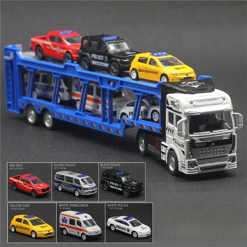 An alloy double-layer transportation vehicle comes with 6 police car sets, a large truck model, with braking function, shock-res