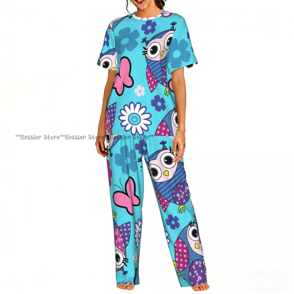 Women's 2-piece set Halloween Owls Bats Pattern Pajamas Short sleeved Top and Pants Sleepwear