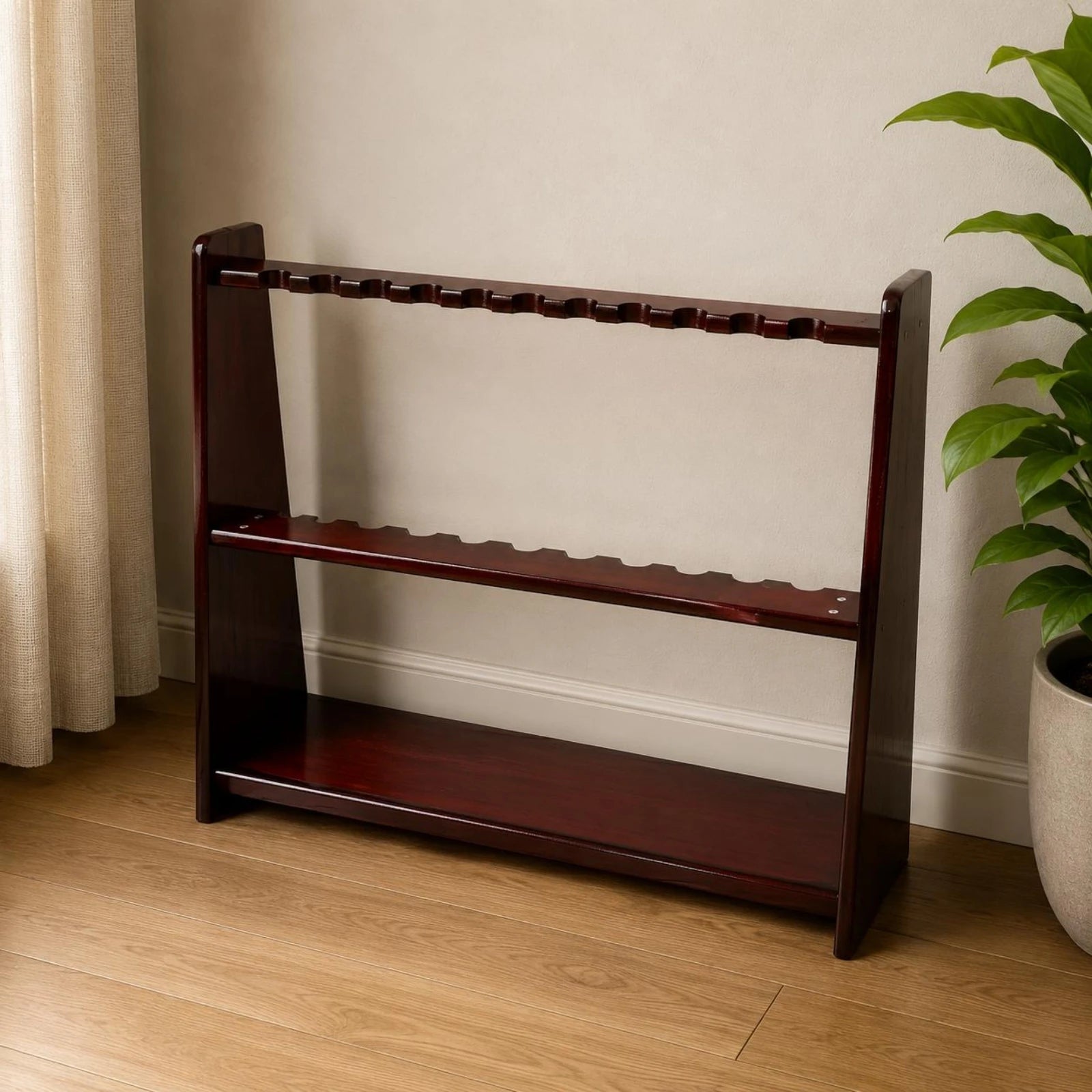 Floor-Standing Cue Rack Lower Shelf Wood Cue Rack Pool Stick Holder Trapezoid Profile Game Room Storage Furniture-Grade