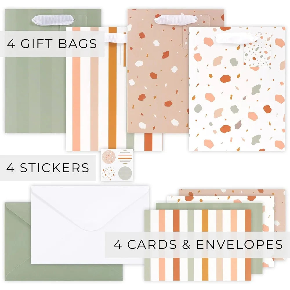 Set of 4 Medium Reusable Gift Bags with Handles Includes Matching Tissue Paper Cards Stickers for Birthday Wedding Mothers Day Presents Party Occasions
