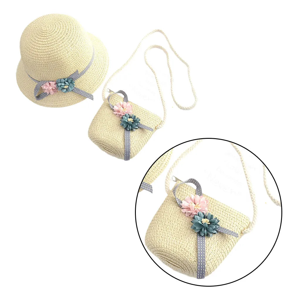 1 set 1 Wide Brim Sun Hat With Crossbody Bag Pink Beach Set For Girls Kids Cap Beach Straw Kids Straw Cap Bag Set