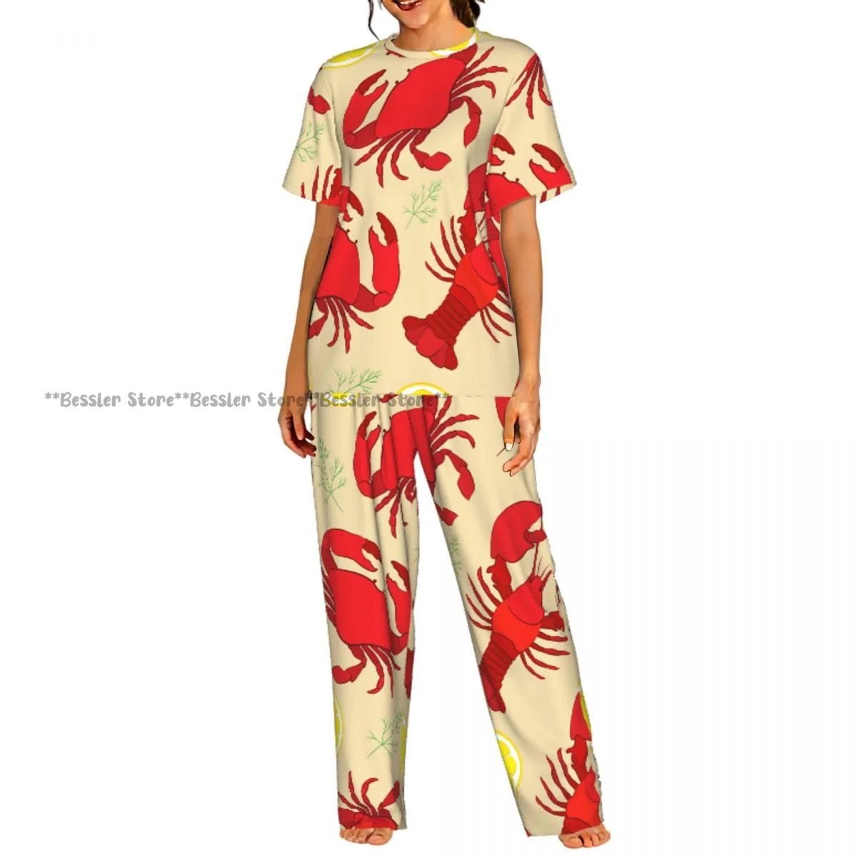 Women's 2-piece set Lobster And Crab With Lemon And Dill Pajamas Short sleeved Top and Pants Sleepwear