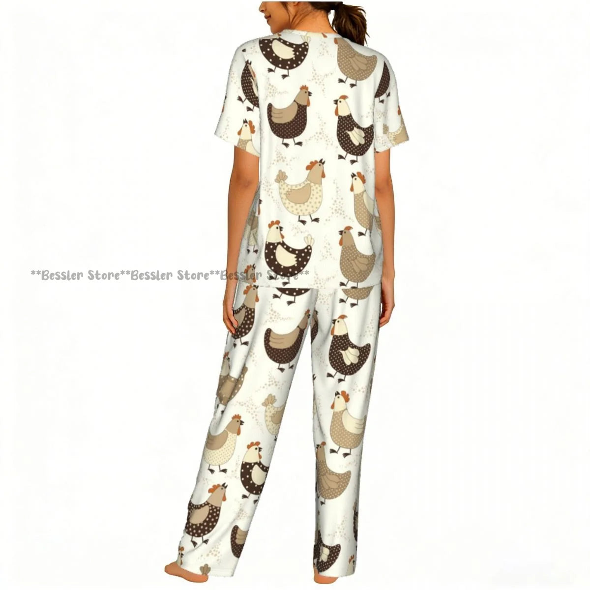 Women's 2-piece set Cartoon Chicken Pattern Pajamas Short sleeved Top and Pants Sleepwear