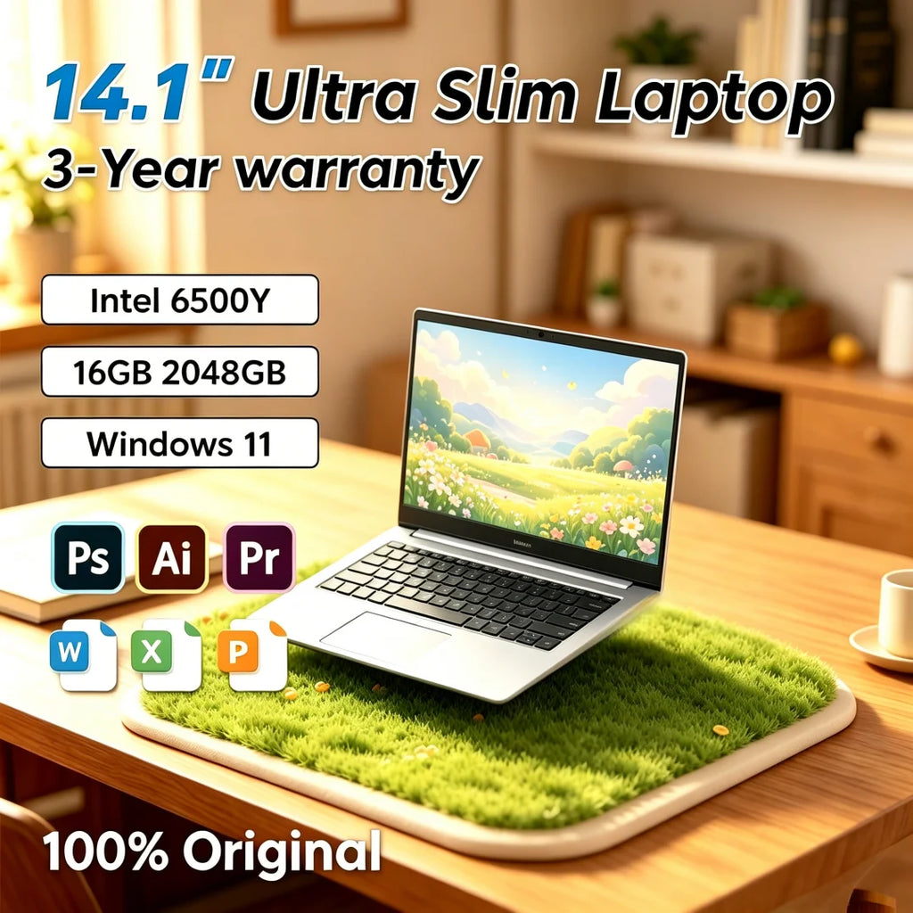 Ingenious 2026 Featherlight Portable 14.1 Inch Laptop Intel 6500Y 32GB RAM 2TB SSD 5000mAh Windows 11 Fingerprint Unlock Stylish