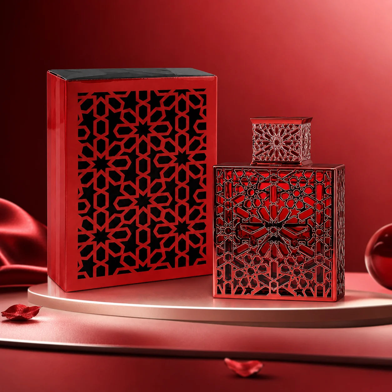 Rayhaan Crimson Red Hollow Carved Geometric Metal Bottle Men Perfume Luxury Arabian Oriental Eau De Toilette Long Lasting Fragrance Mens Cologne Gift Set For Male