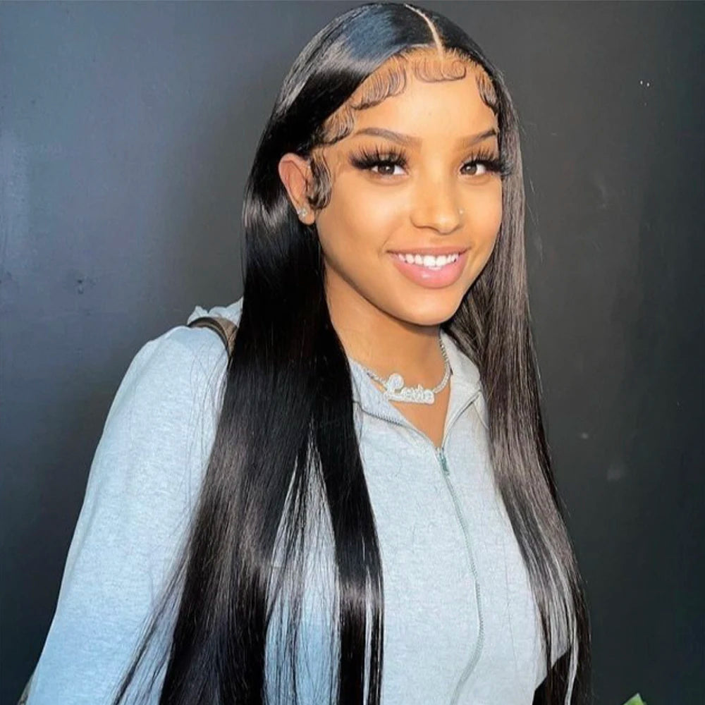 Natural Black Silky Bone Straight Extra Long Brazilian Virgin Human Hair Wig 46 Inch 13x6 HD Transparent Lace Front Pre Plucked Baby Hair Glueless Wear Go 200 Density For Black Women