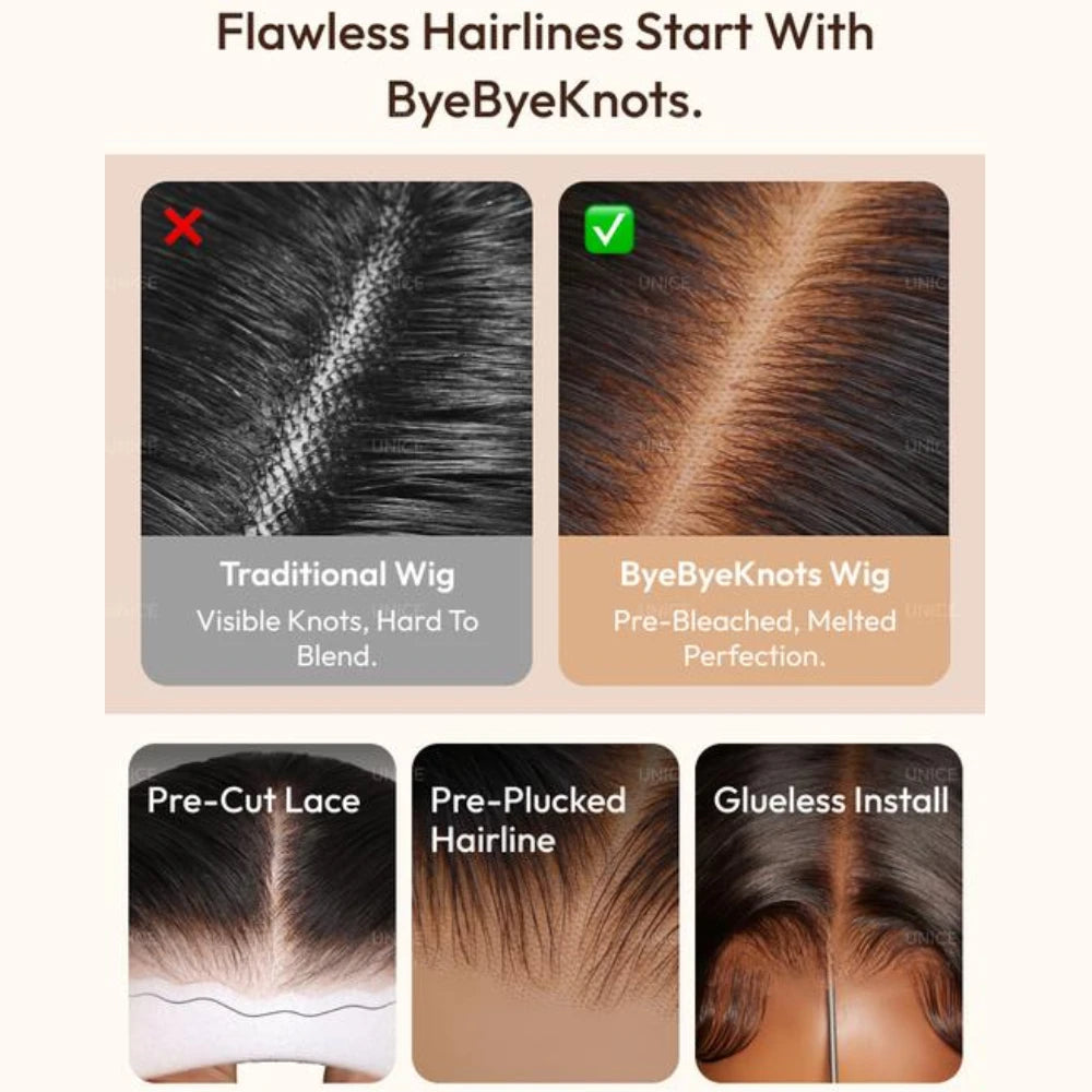 UNICE 7x5 Pre Cut Lace Balayage Brown Body Wave Glueless Wig Pre Plucked Bleached Knots Natural Hairline 100% Human Hair Wigs