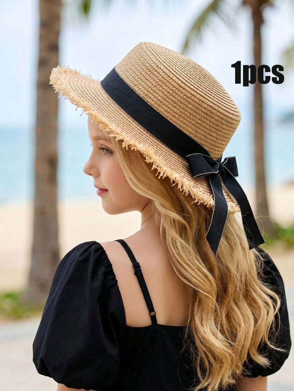 1Pc 3-8Y Girls Coffee Broken Brim Straw Hat Flat Top With Black Ribbon Lightweight Breathable Summer Sun Hat