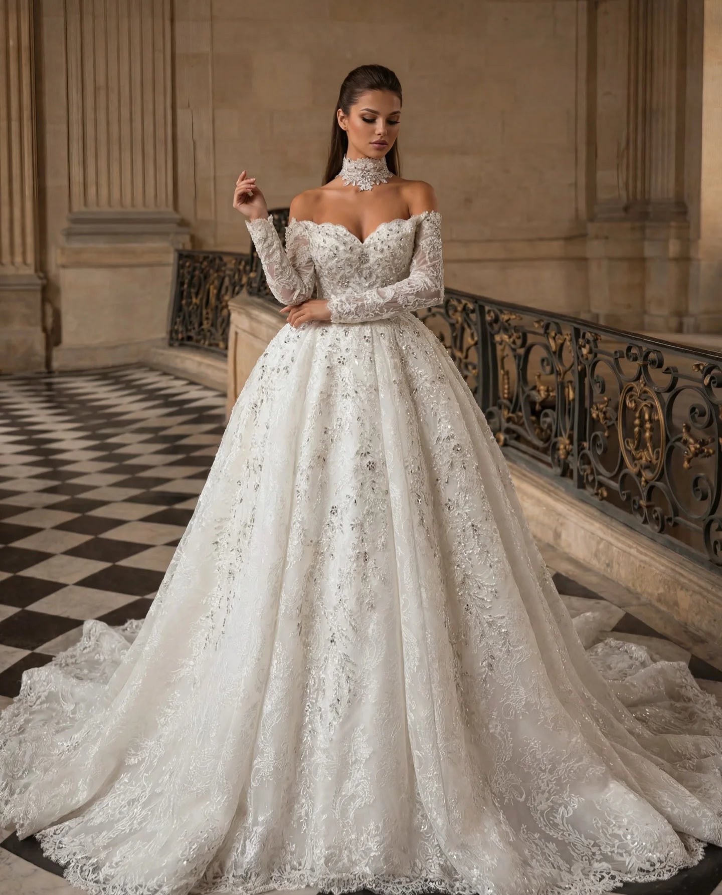 Luxury Crystal Beaded Prom Dresses Off Shoulder Long Sleeve A-line Wedding Dress Cathedral Tailored Retro Bride Dress Custom