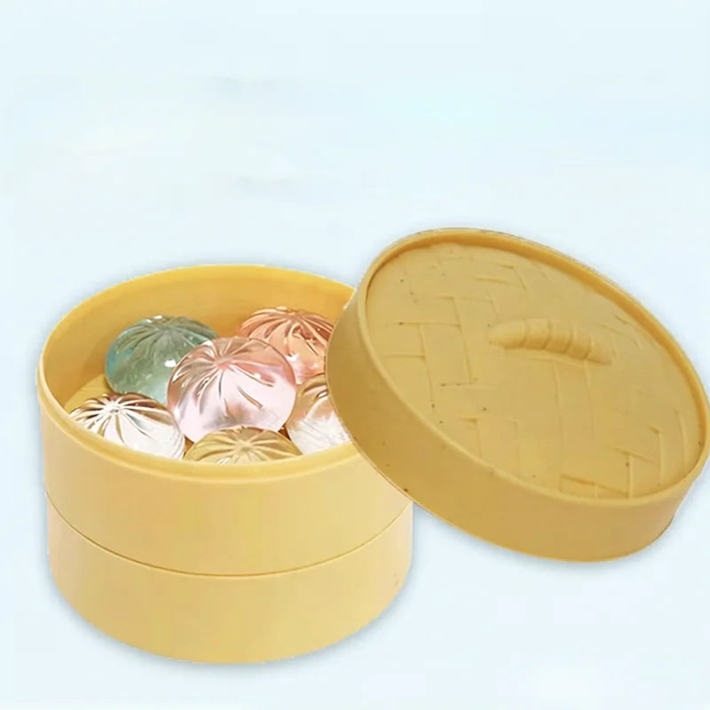 5Pcs Mini Dumplings with Steamer Bun Squeezable Toys Set Soft Stress Relief Crystal Squishy Fidget Sensory Toy Party Favors Gift
