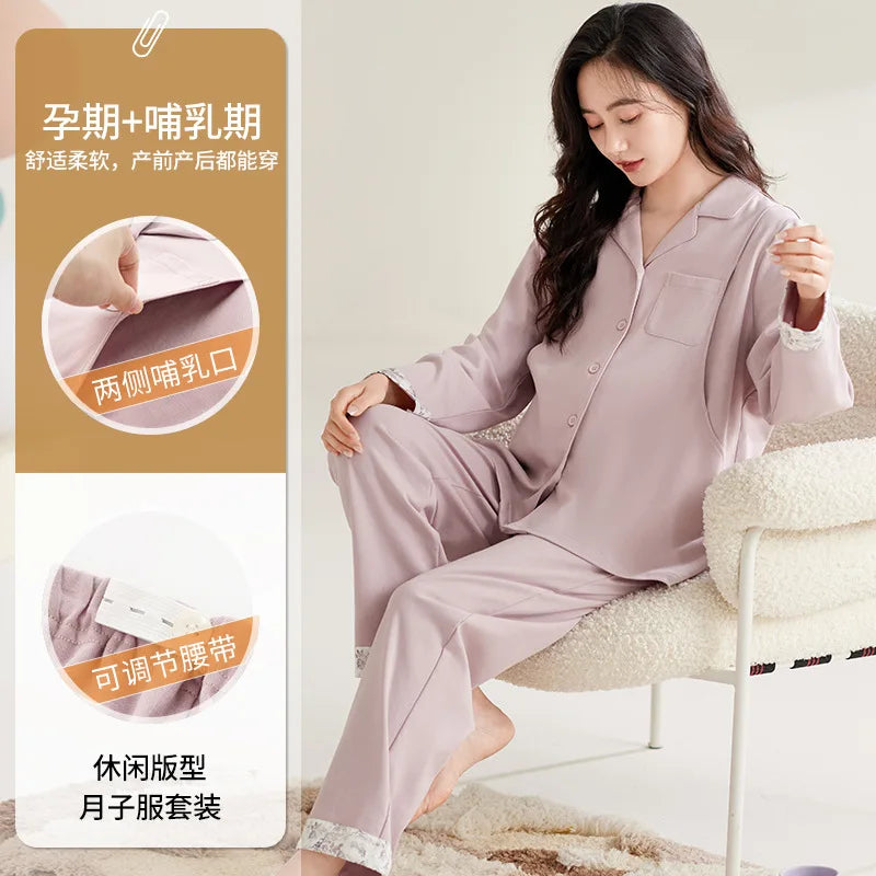 Maternity Women Pajamas Set Pregnant Pure Cotton Breastfeeding Loungewear Sweet Long Sleeve Trousers Cardigan 2 Piece Set Pjs