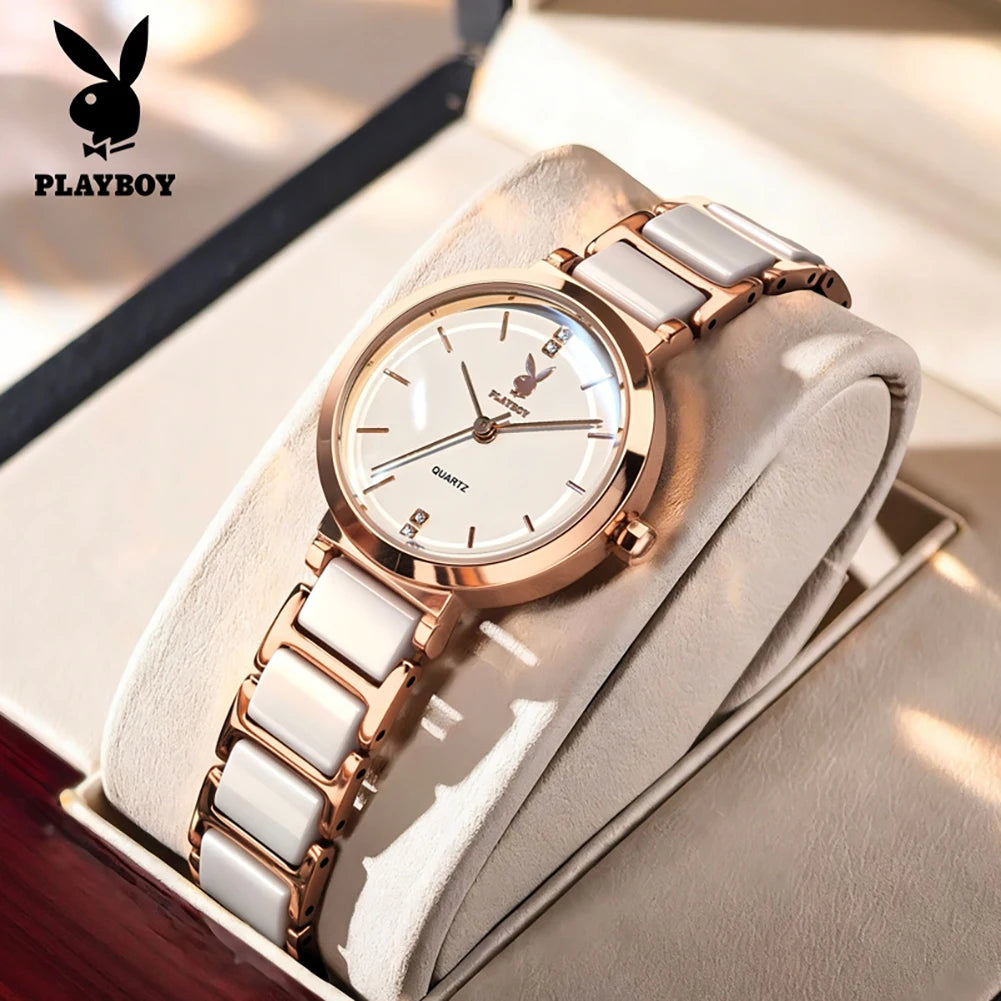 PLAYBOY 3128 Brand original authentic watch for woman Gift Box Ceramic strap quartz women's watch