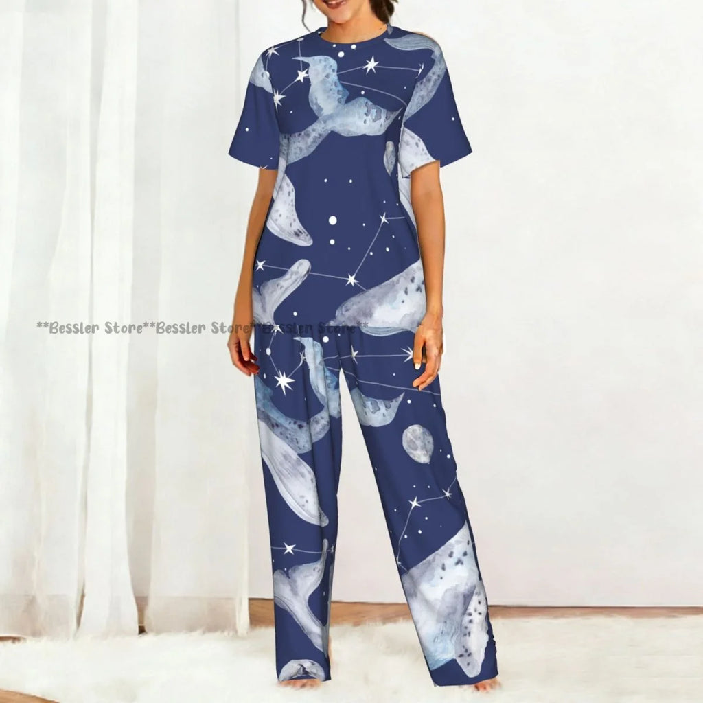 Women's Whales And Constellation Stars Watercolor short sleeve trousers casual pajamas set