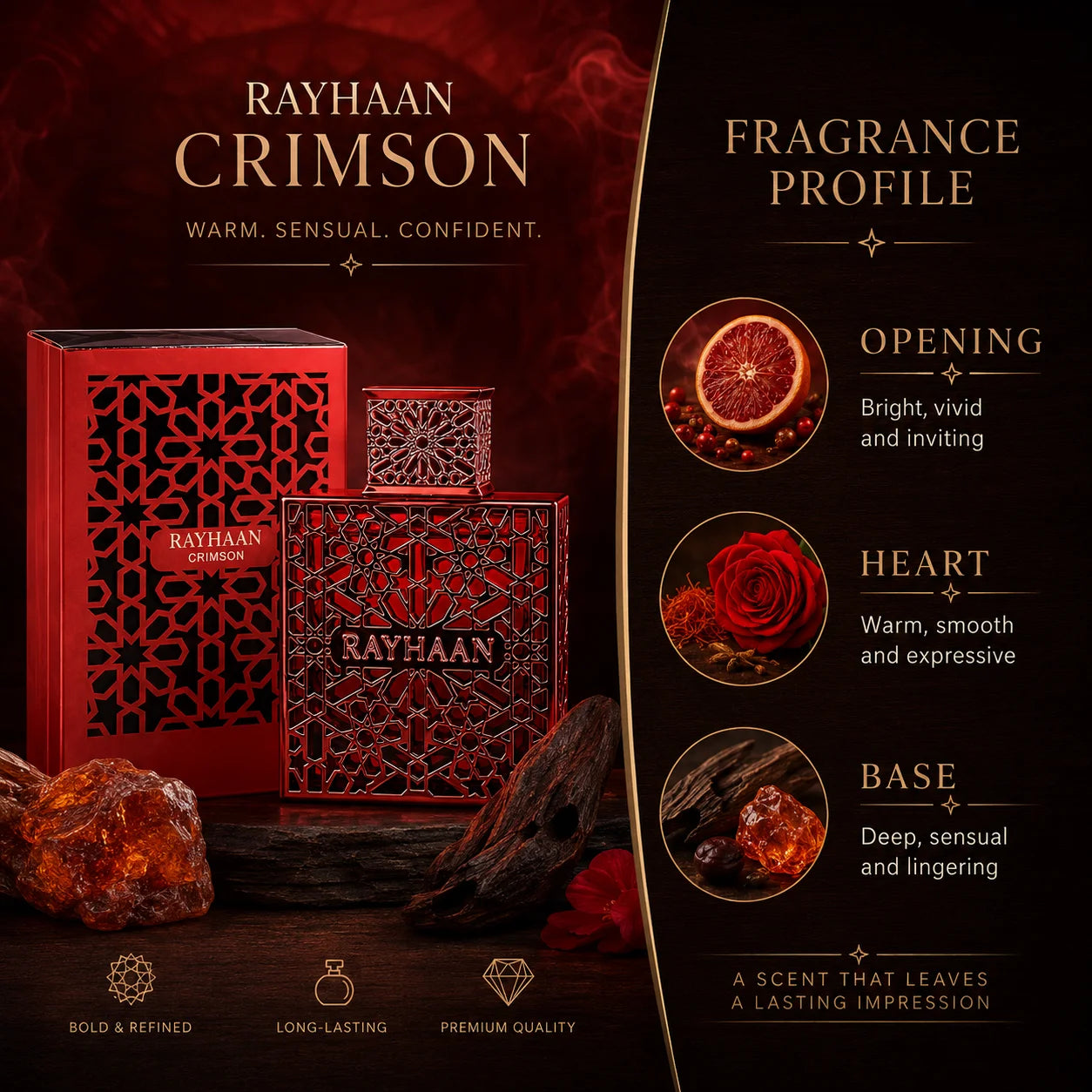 Rayhaan Crimson Red Hollow Carved Geometric Metal Bottle Men Perfume Luxury Arabian Oriental Eau De Toilette Long Lasting Fragrance Mens Cologne Gift Set For Male