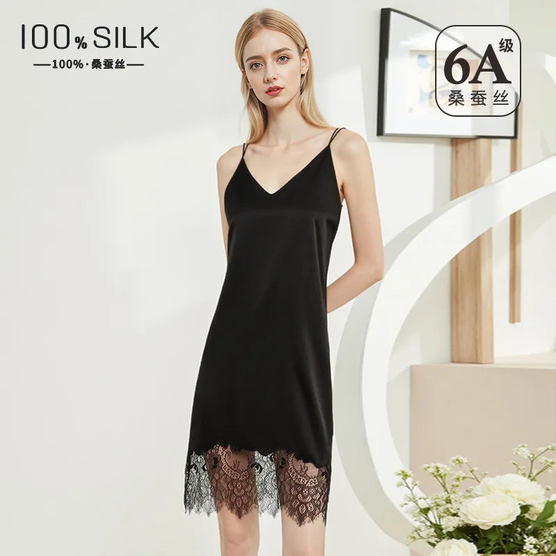 Sexy Ice Silk Slip Dress Women Lace Hollow Out Back Nightgown Sleeveless Mini Sleepwear Smooth Casual Lingerie Homewear