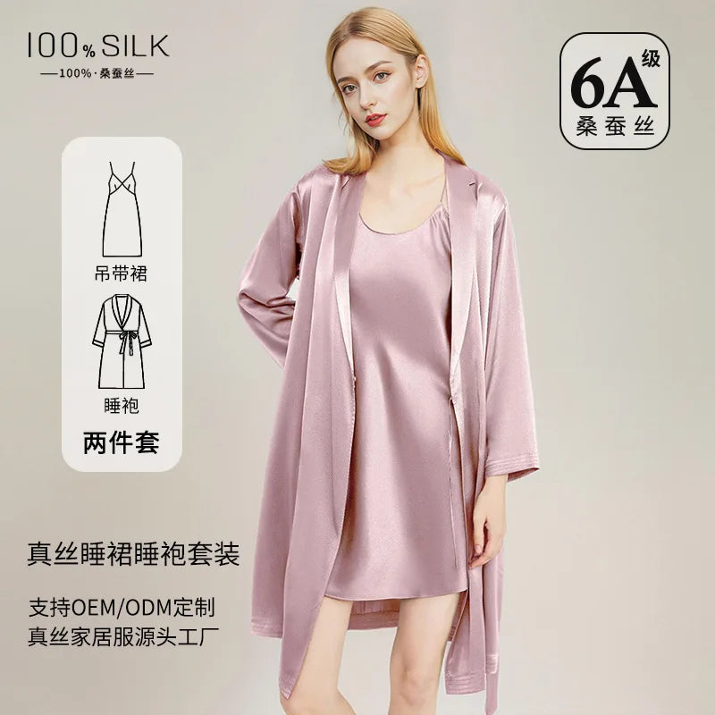 Women Elegant 100% Mulberry Silk Nightdress Robe 2 Piece Set All Season Luxury Gift Loungewear