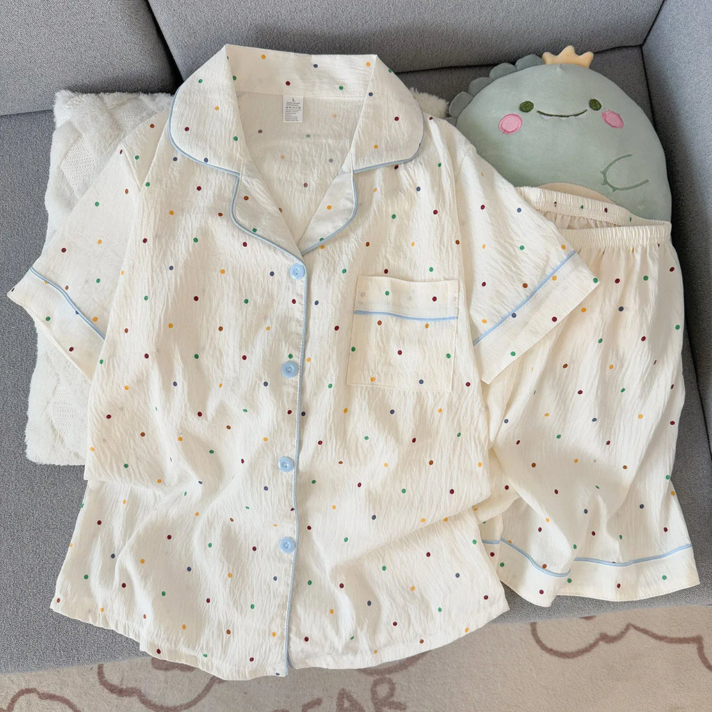 Women'S Printed Polka Dot Cotton Pajamas Set Short Sleeved Top And Shorts 2-Piece Casual Comfortable Home Sweet Print Sleepwear