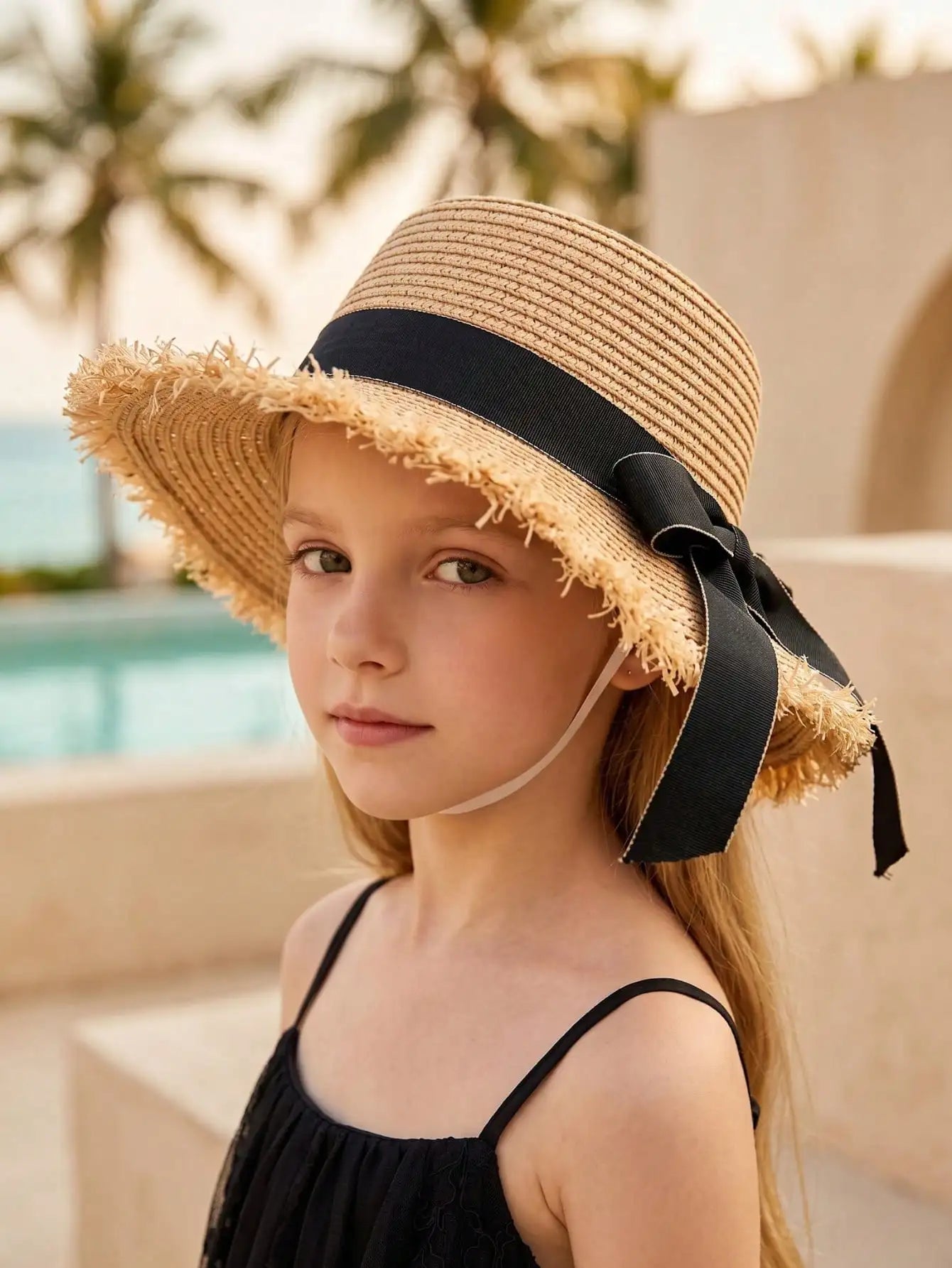 1Pc 3-8Y Girls Coffee Broken Brim Straw Hat Flat Top With Black Ribbon Lightweight Breathable Summer Sun Hat