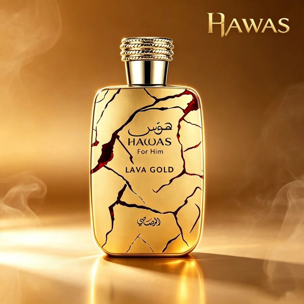Hawas Lava Gold by Rasasi 100ml Men’s EDP Oriental Woody Perfume, Pineapple Apple & Oud Scent