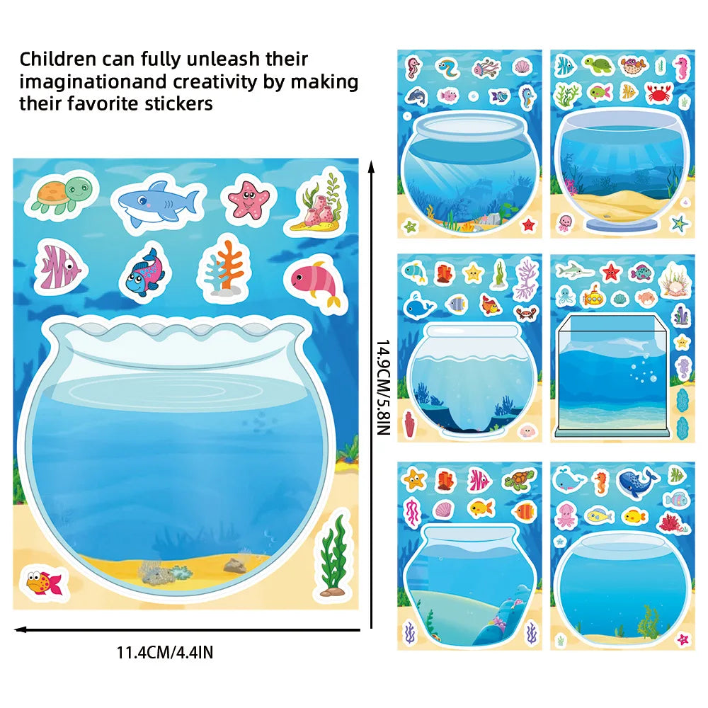 8/16Sheets Creative Fish Tank Cartoon Puzzle Stickers Kids Make Your Own DIY Game Children Jigsaw Sticker Toys Party Gifts