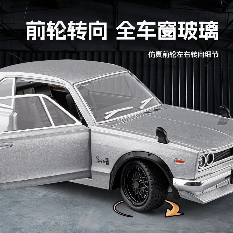 1:22 Nissan Skyline GT-R Hakosuka Diecast Alloy Model 4 Openable Parts Sound Light Pull Back for Car Collectors Hobby Display