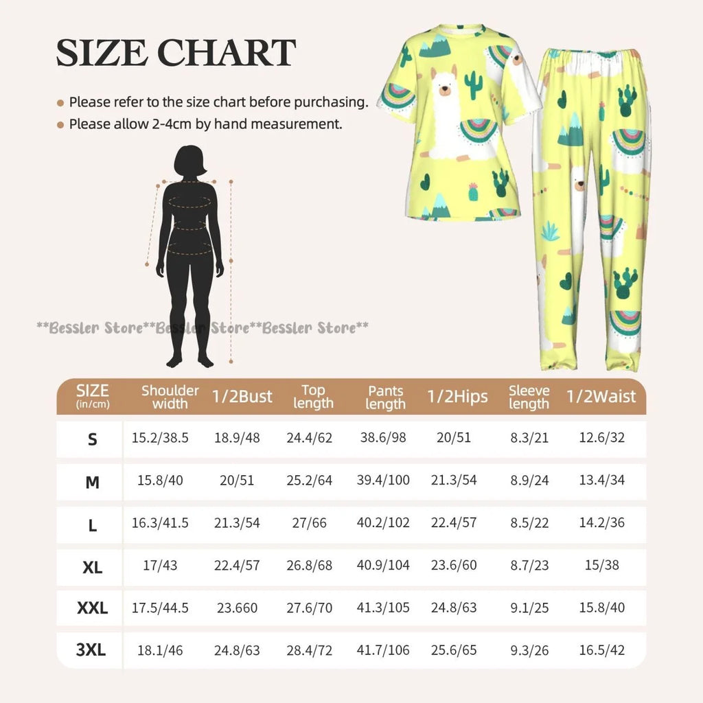 Women Pajama Sets Lounge Sleepwear Fun Llamas Cacti Mountains Garlands Short Sleeve Nightwear