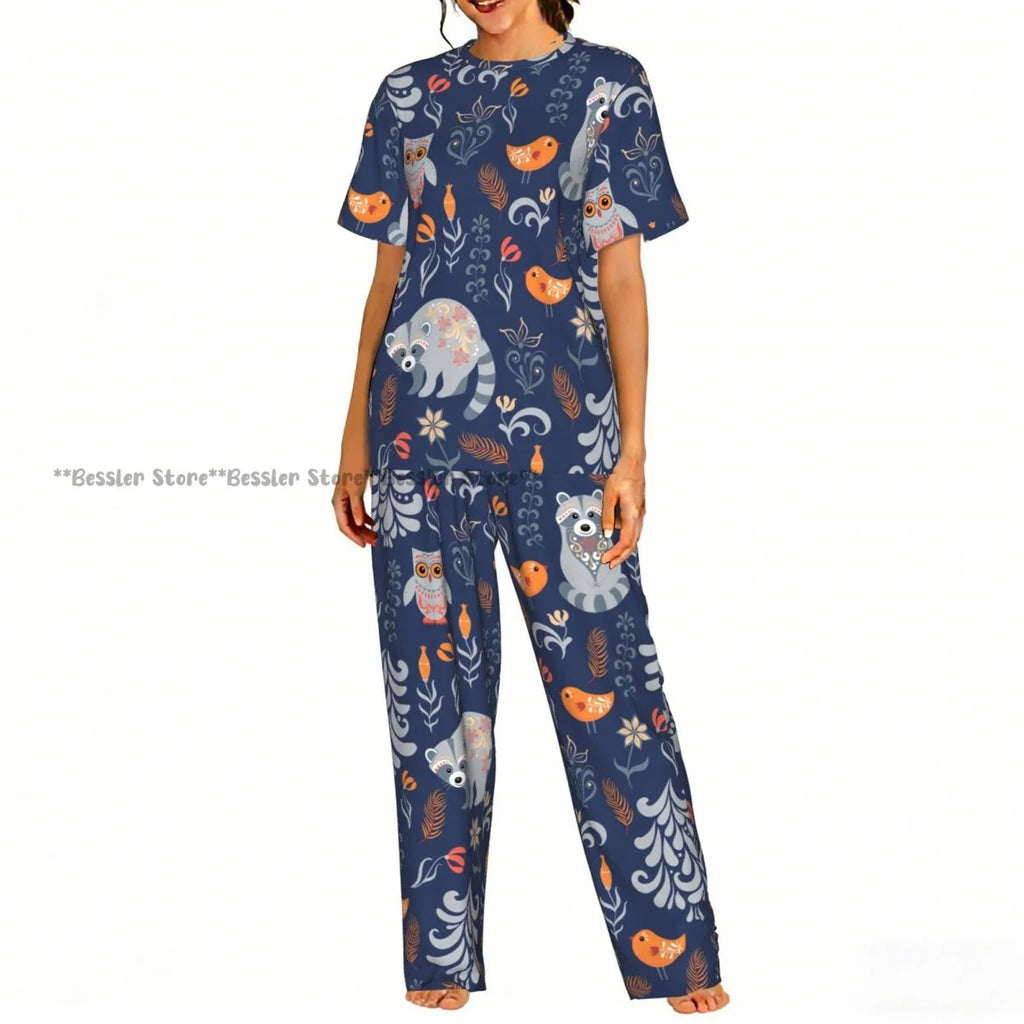 Women's 2-piece set Halloween Owls Bats Pattern Pajamas Short sleeved Top and Pants Sleepwear