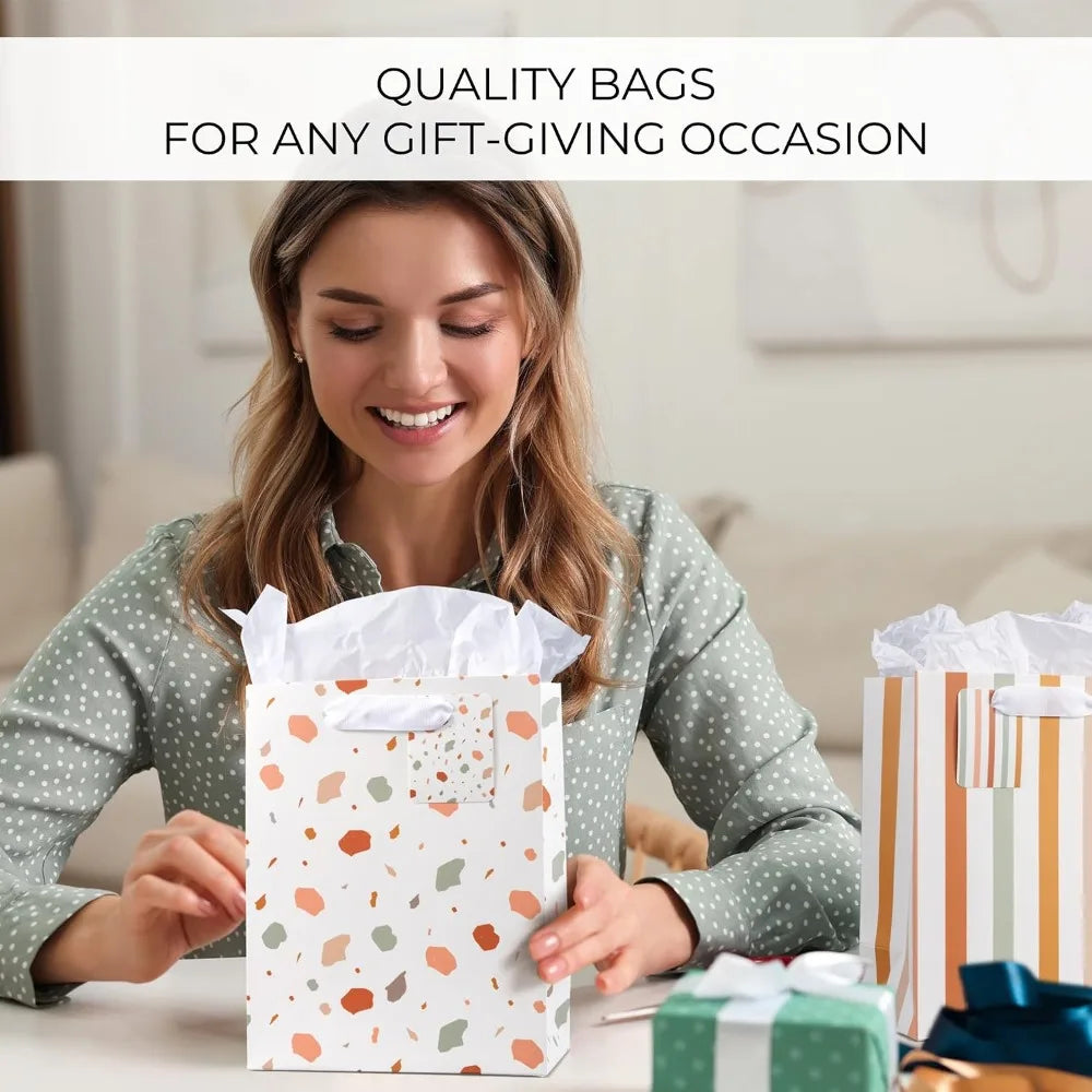 Set of 4 Medium Reusable Gift Bags with Handles Includes Matching Tissue Paper Cards Stickers for Birthday Wedding Mothers Day Presents Party Occasions