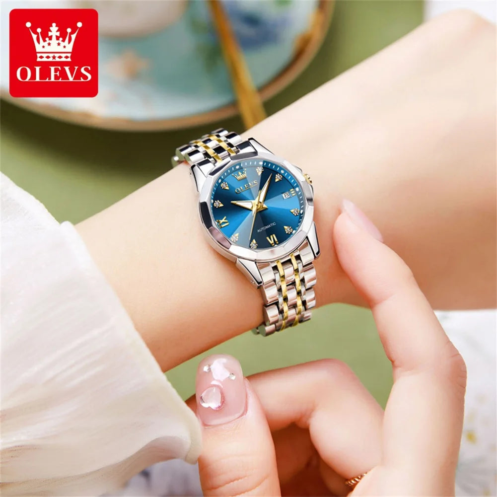 OLEVS Women's Watches Trend Elegant Sparkling Shining Diamond Scale Original Automatic Mechanical Wristwatch for Lady Waterproof