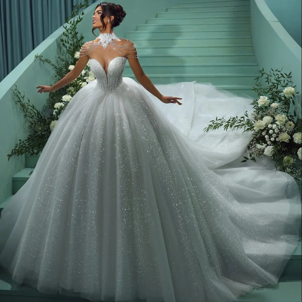 Customized Glitter Princess Wedding Dresses 2026 Beading Ball Gown Bride Dress Sweetheart Beaded Cathedral vestidos de novia