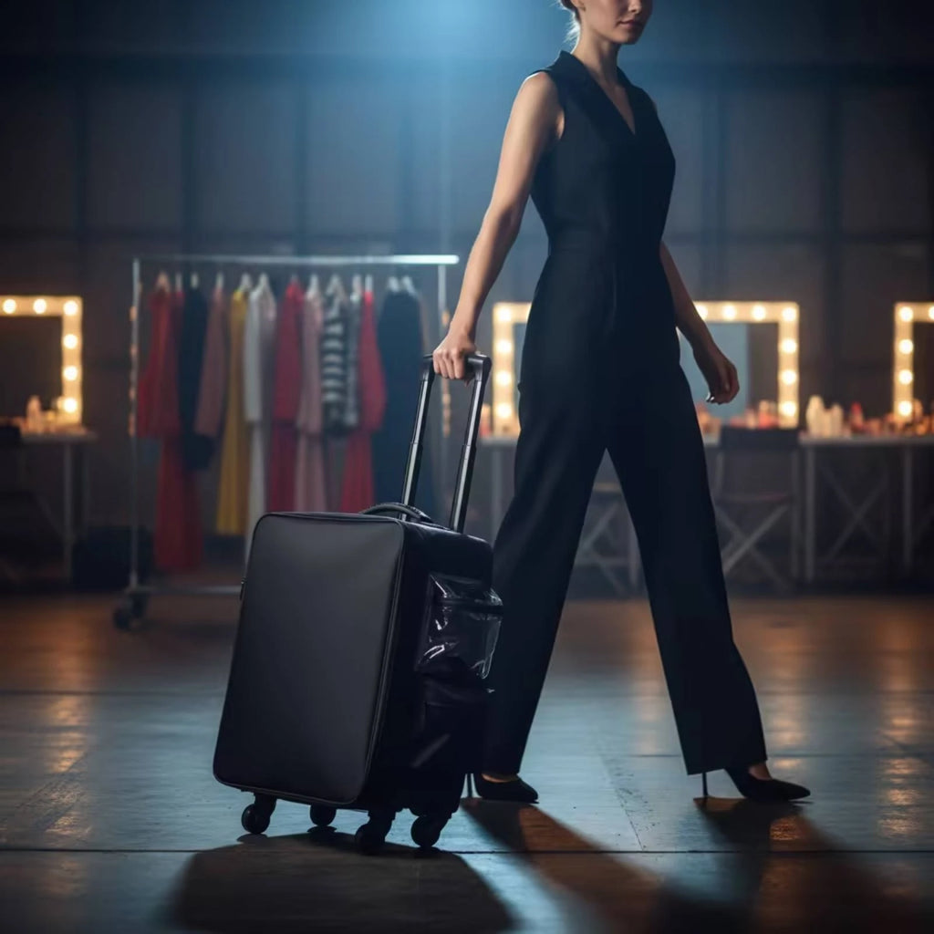 Makeup Case with Rotating Wheels Hard-Sided Sminkkoffert Med Hjul Sminkväska På Hjul Multi-Compartment Cosmetic Trolley Zippered