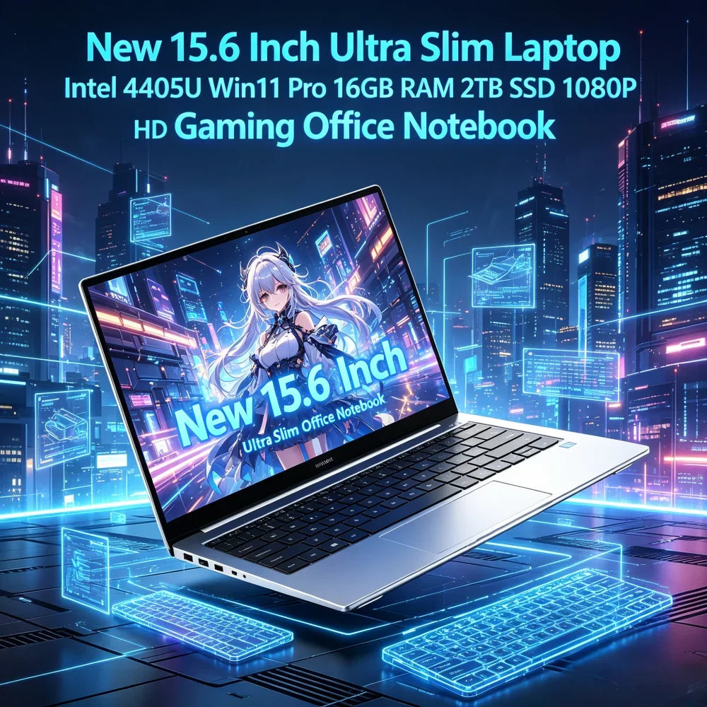 New 15.6 Inch Ultra Slim Laptop Intel 4405U Win11 Pro 16GB RAM 2TB SSD 1080P HD Gaming Office Notebook