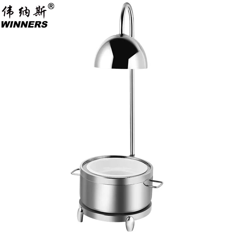 Luxury Silver 304 Stainless Steel Buffet Food Heat Preserving Lamp Food Warmer Set with Ceramic Food Basin for Wedding