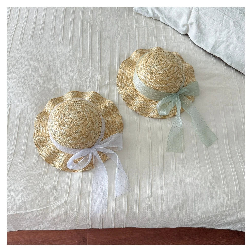 Kids Natural Straw Sun Hat with Chiffon Bow Ribbon Breathable Ruffled Brim Hat for Girls Summer Beach Activities Head Wear BT14
