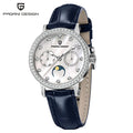PAGANI DESIGN Women Quartz Watch Mop Dial Diamond Bezel Moon Phase Week Date Multi-function 50M Waterproof White Leather watch